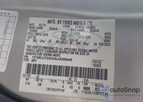 2010 Ford Explorer Xlt from USA, damaged, VIN 1FMEU7DE0AUA59645